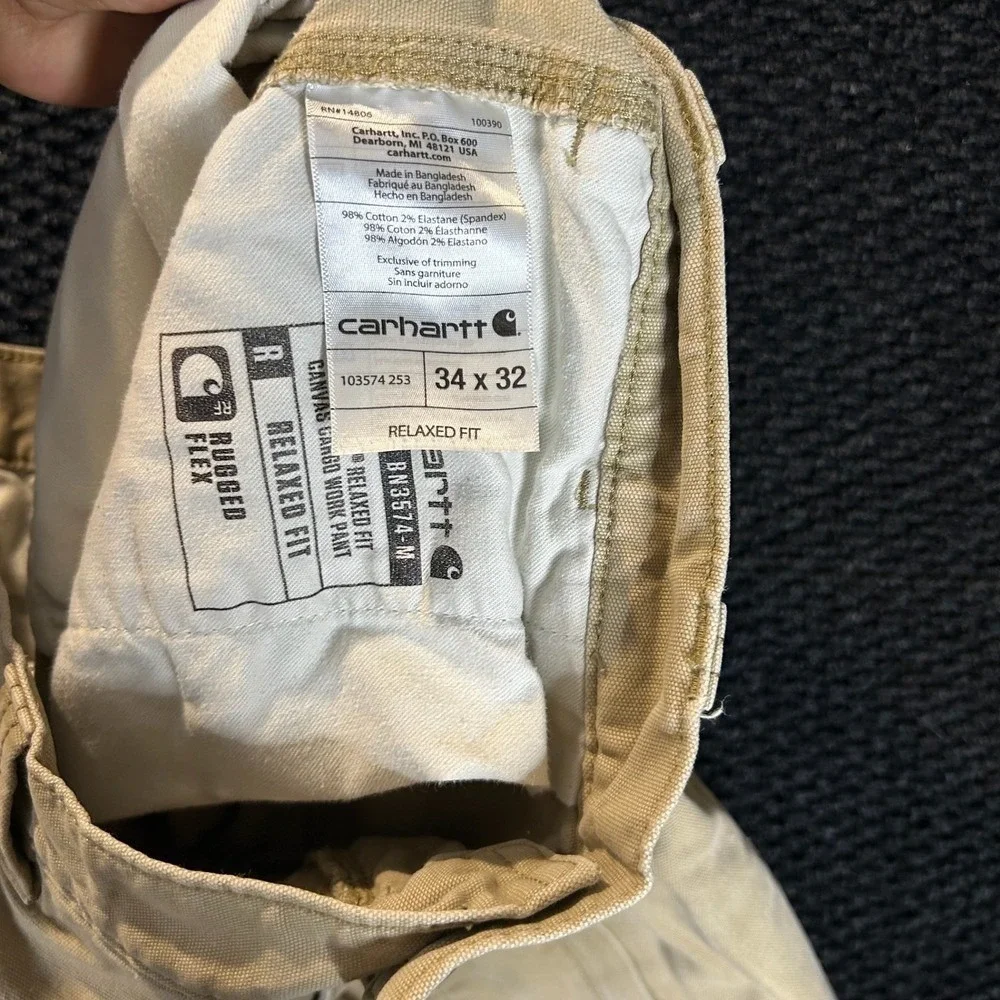 Carhartt Men Relaxed Fit Cargo Work Pants Khaki Tan‎ 34x32 Rugged Flex